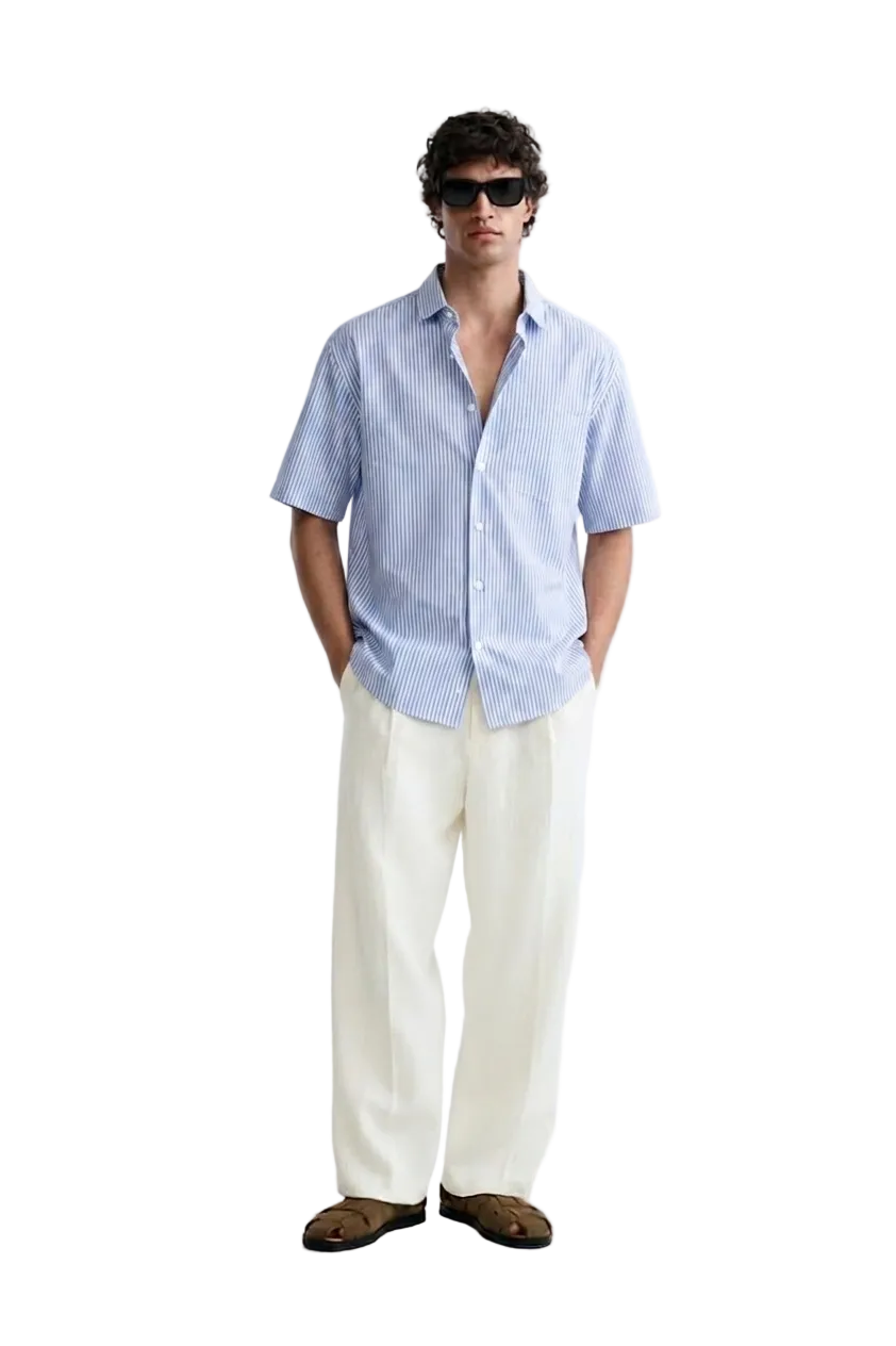 Sky Blue & White Vertical Striped Boxy Fit Short Sleeve Shirt